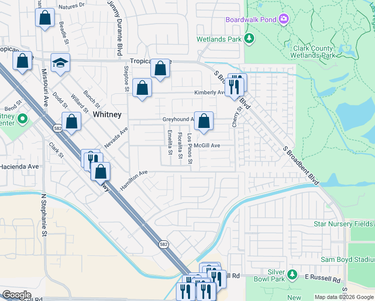 map of restaurants, bars, coffee shops, grocery stores, and more near 5243 Los Pinos Street in Las Vegas