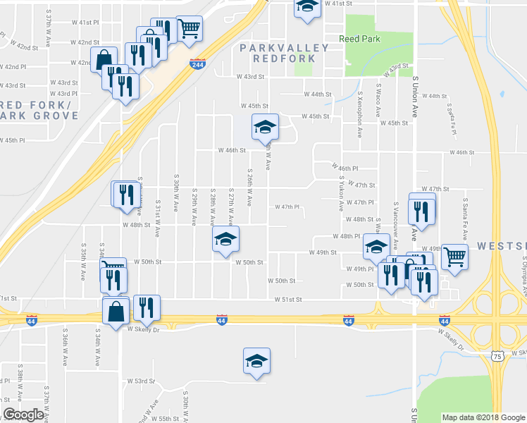 map of restaurants, bars, coffee shops, grocery stores, and more near 4734 South 25th West Avenue in Tulsa