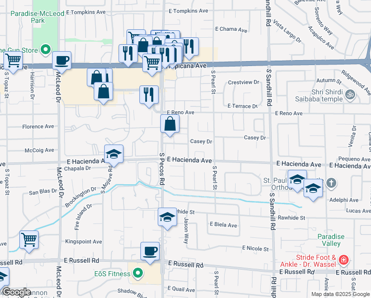 map of restaurants, bars, coffee shops, grocery stores, and more near 3475 Shamrock Avenue in Las Vegas