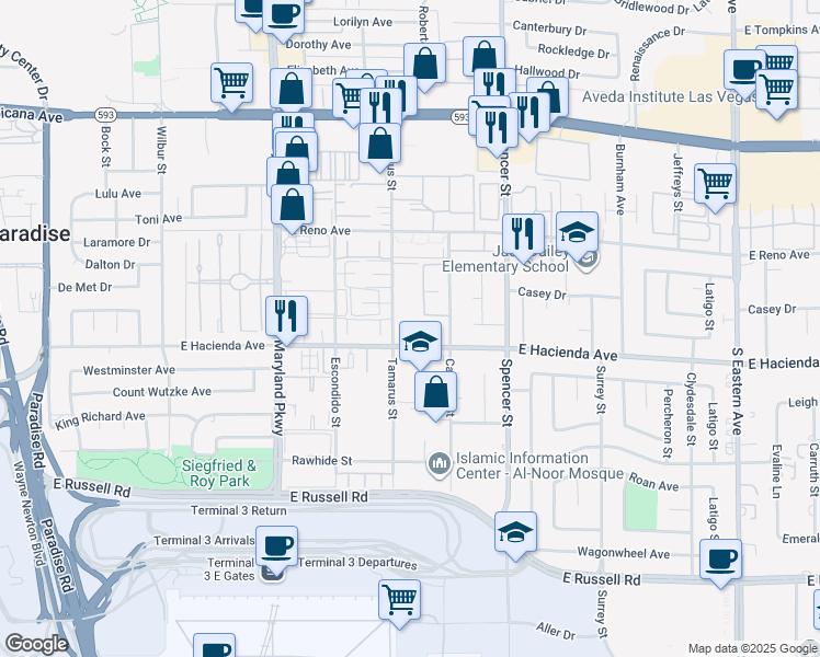 map of restaurants, bars, coffee shops, grocery stores, and more near 5219 Caliente Street in Las Vegas