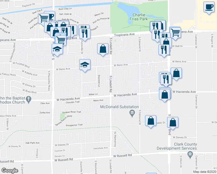 map of restaurants, bars, coffee shops, grocery stores, and more near 5211 South Lindell Road in Las Vegas