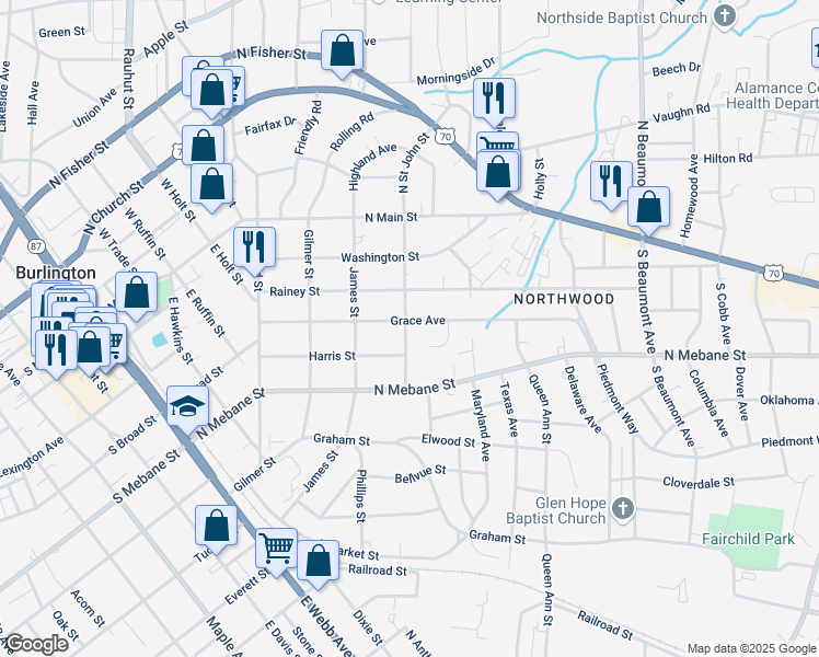 map of restaurants, bars, coffee shops, grocery stores, and more near 926 Grace Avenue in Burlington