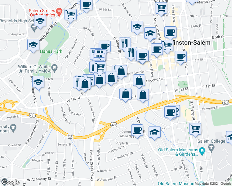 map of restaurants, bars, coffee shops, grocery stores, and more near 101-199 North Green Street in Winston-Salem