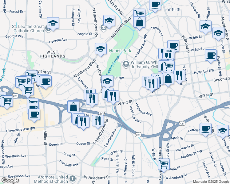 map of restaurants, bars, coffee shops, grocery stores, and more near in Winston-Salem