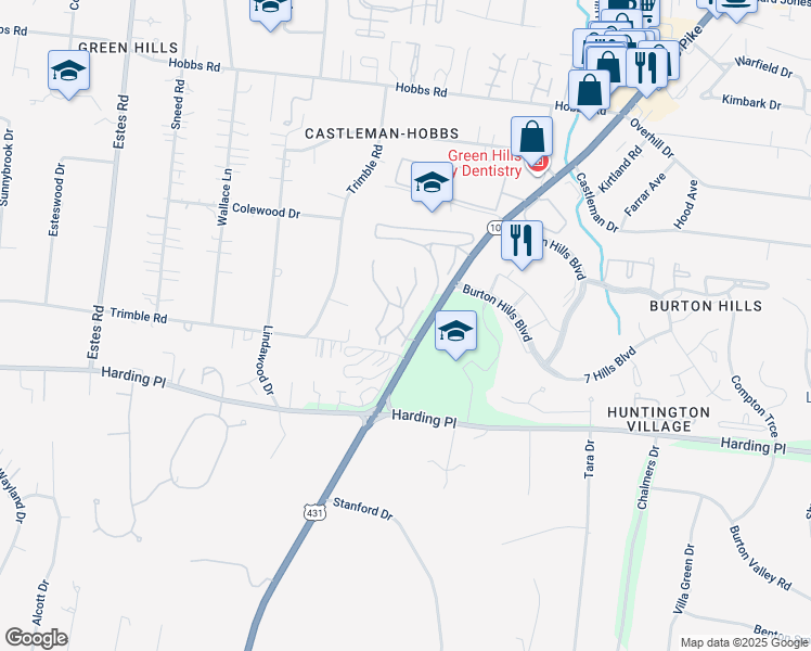 map of restaurants, bars, coffee shops, grocery stores, and more near 301 Summit Ridge Circle in Nashville