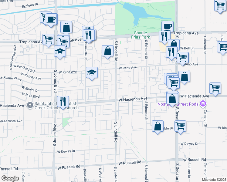 map of restaurants, bars, coffee shops, grocery stores, and more near 5211 South Lindell Road in Las Vegas