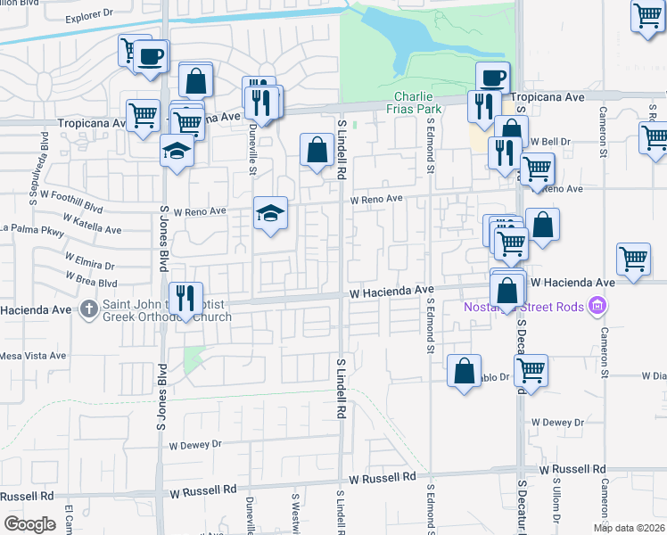 map of restaurants, bars, coffee shops, grocery stores, and more near 5261 South Lindell Road in Las Vegas