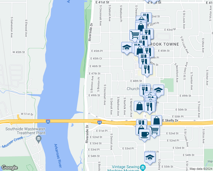 map of restaurants, bars, coffee shops, grocery stores, and more near 4741 South Cincinnati Avenue in Tulsa