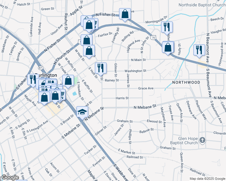 map of restaurants, bars, coffee shops, grocery stores, and more near 616 Grace Avenue in Burlington