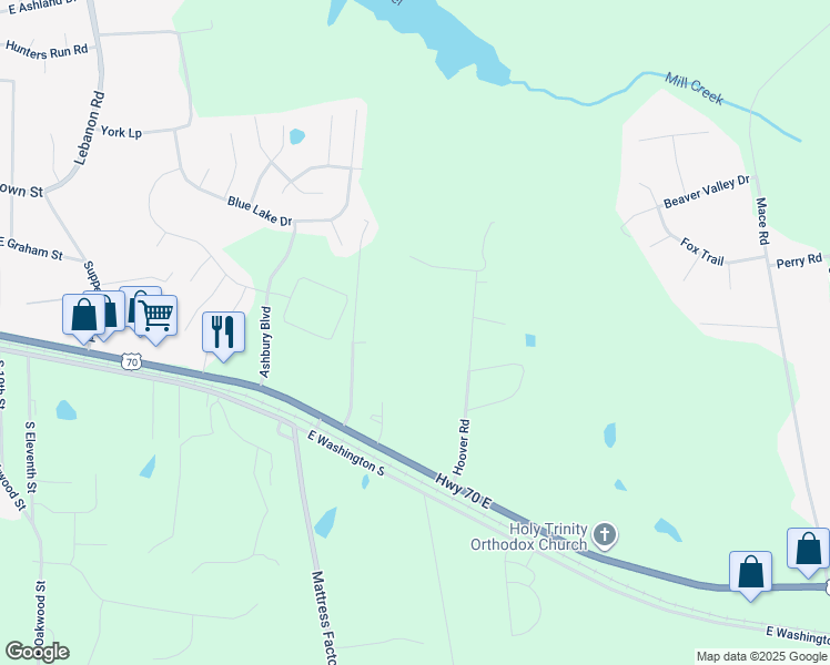 map of restaurants, bars, coffee shops, grocery stores, and more near 322 Hoover Road in Mebane