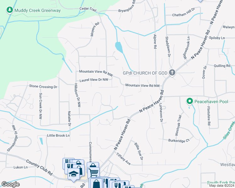 map of restaurants, bars, coffee shops, grocery stores, and more near 304 Braxton Ridge Court in Winston-Salem
