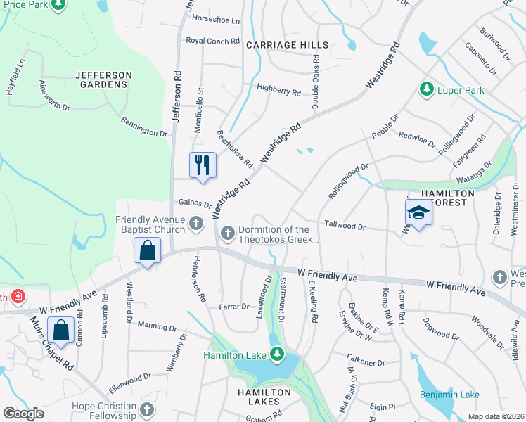 map of restaurants, bars, coffee shops, grocery stores, and more near 4926 Starmount Drive in Greensboro