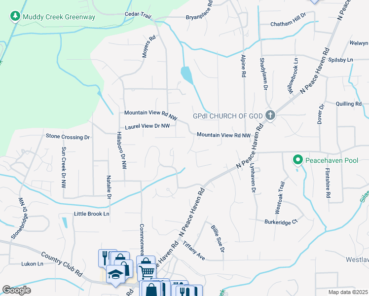 map of restaurants, bars, coffee shops, grocery stores, and more near 304 Braxton Ridge Court in Winston-Salem