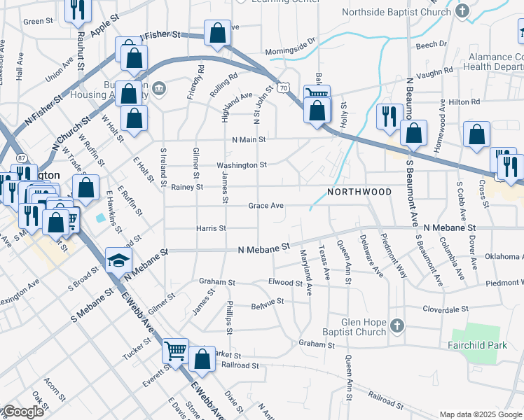map of restaurants, bars, coffee shops, grocery stores, and more near 1001 Grace Avenue in Burlington