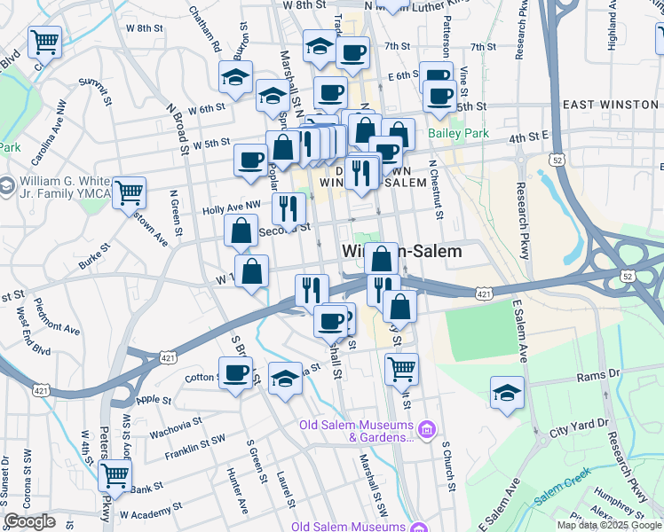 map of restaurants, bars, coffee shops, grocery stores, and more near 102 Cherry Street in Winston-Salem