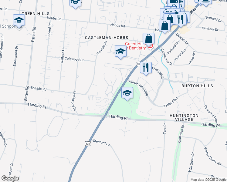 map of restaurants, bars, coffee shops, grocery stores, and more near 301 Summit Ridge Circle in Nashville
