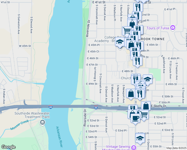 map of restaurants, bars, coffee shops, grocery stores, and more near 4742 South Boston Place in Tulsa