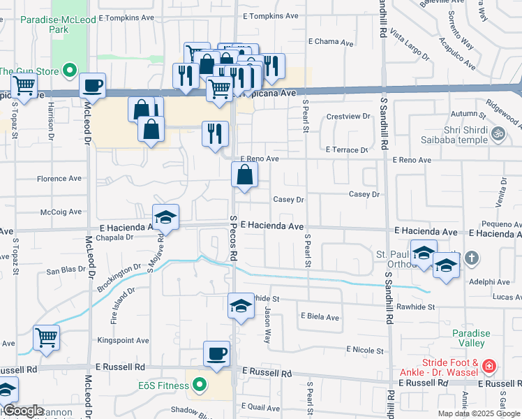 map of restaurants, bars, coffee shops, grocery stores, and more near 3475 Shamrock Avenue in Las Vegas