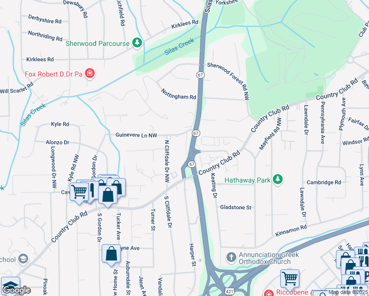 map of restaurants, bars, coffee shops, grocery stores, and more near 225 Guinevere Court in Winston-Salem