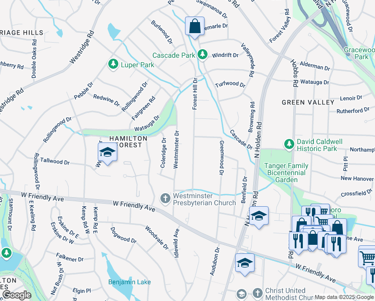 map of restaurants, bars, coffee shops, grocery stores, and more near 915 Forest Hill Drive in Greensboro