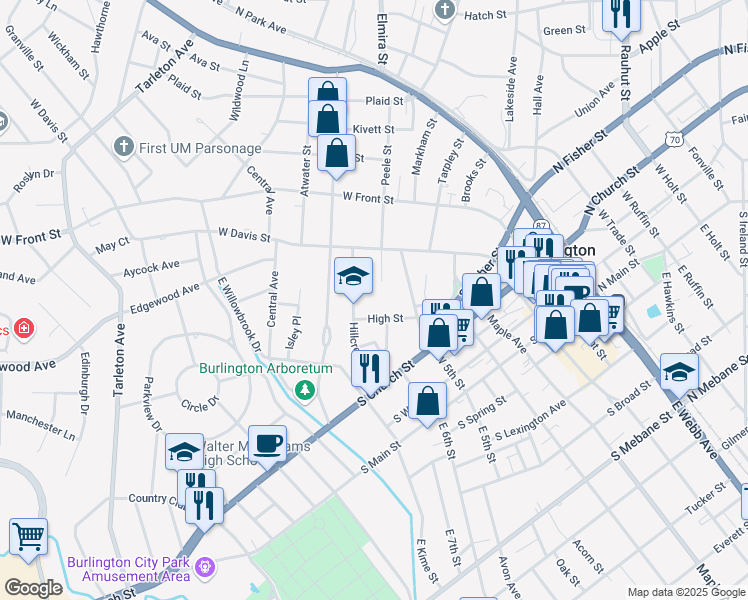 map of restaurants, bars, coffee shops, grocery stores, and more near 515 Hillcrest Avenue in Burlington