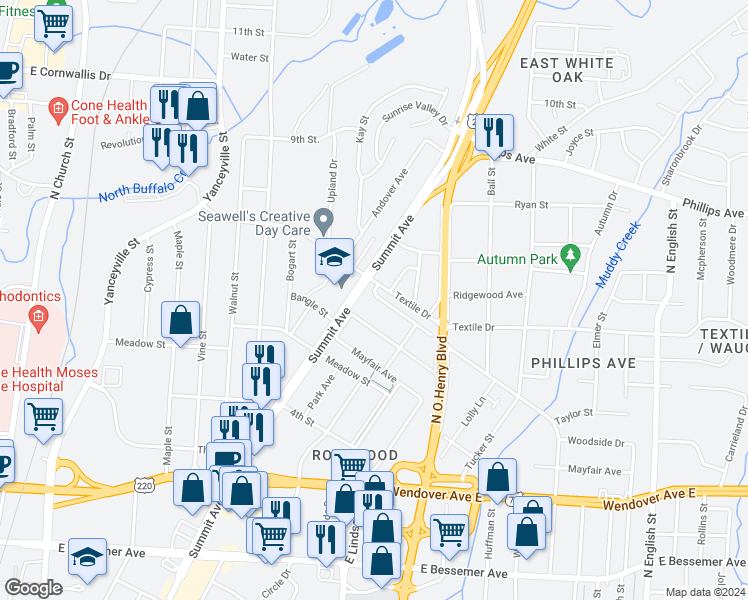 map of restaurants, bars, coffee shops, grocery stores, and more near 1825 Gatewood Avenue in Greensboro
