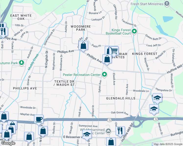 map of restaurants, bars, coffee shops, grocery stores, and more near 1309 Willard Street in Greensboro