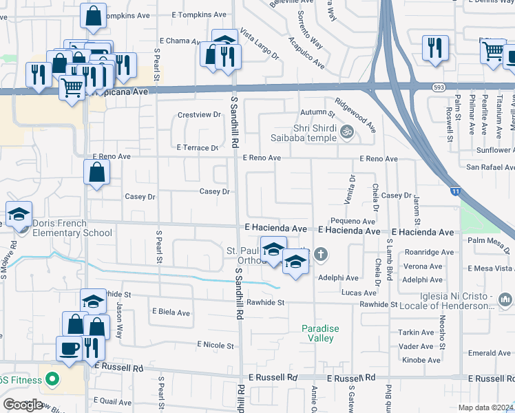 map of restaurants, bars, coffee shops, grocery stores, and more near 5243 Sunnywood Drive in Las Vegas