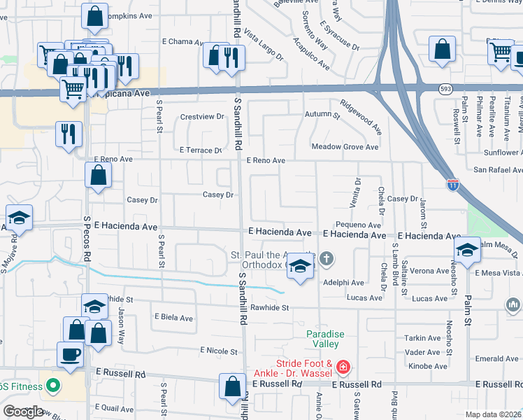 map of restaurants, bars, coffee shops, grocery stores, and more near 5243 Sunnywood Drive in Las Vegas