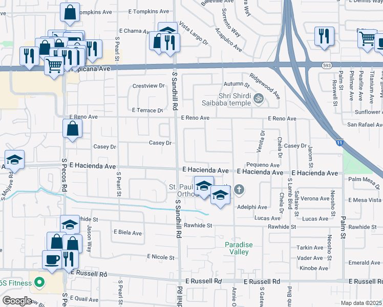 map of restaurants, bars, coffee shops, grocery stores, and more near 5243 Sunnywood Drive in Las Vegas