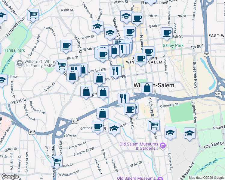 map of restaurants, bars, coffee shops, grocery stores, and more near in Winston-Salem
