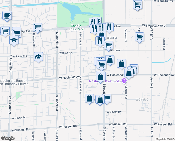 map of restaurants, bars, coffee shops, grocery stores, and more near 5060 West Hacienda Avenue in Las Vegas