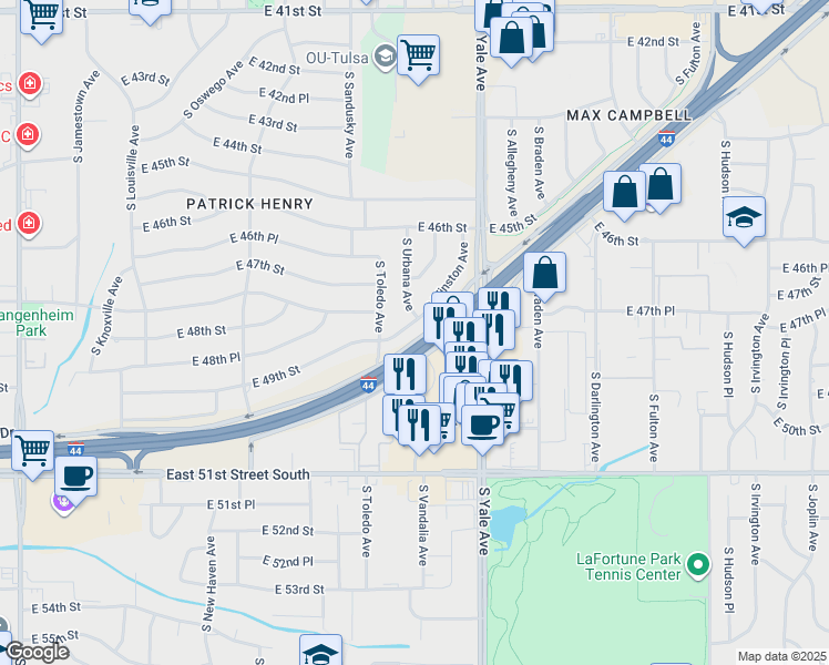 map of restaurants, bars, coffee shops, grocery stores, and more near 4530 East 49th Street in Tulsa