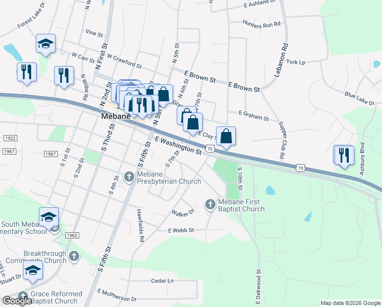 map of restaurants, bars, coffee shops, grocery stores, and more near 305 East Washington Street in Mebane