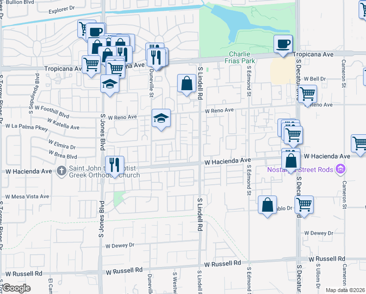 map of restaurants, bars, coffee shops, grocery stores, and more near 5230 Souvenir Lane in Las Vegas