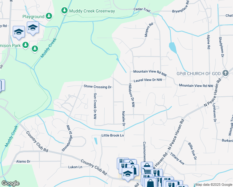 map of restaurants, bars, coffee shops, grocery stores, and more near 356 Natalie Drive in Winston-Salem