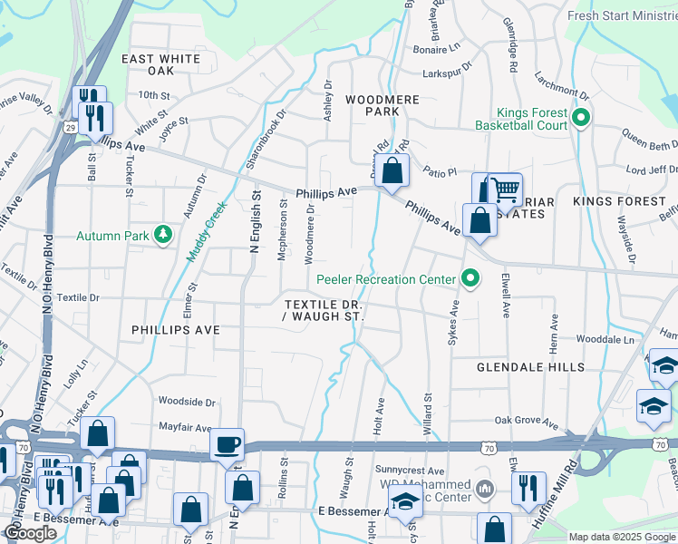 map of restaurants, bars, coffee shops, grocery stores, and more near 2201 Jolston Court in Greensboro
