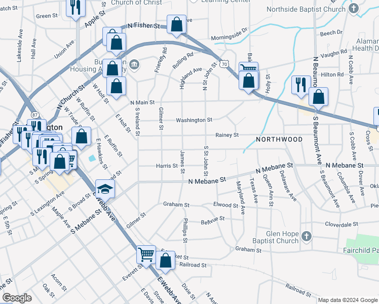 map of restaurants, bars, coffee shops, grocery stores, and more near 909 Grace Avenue in Burlington