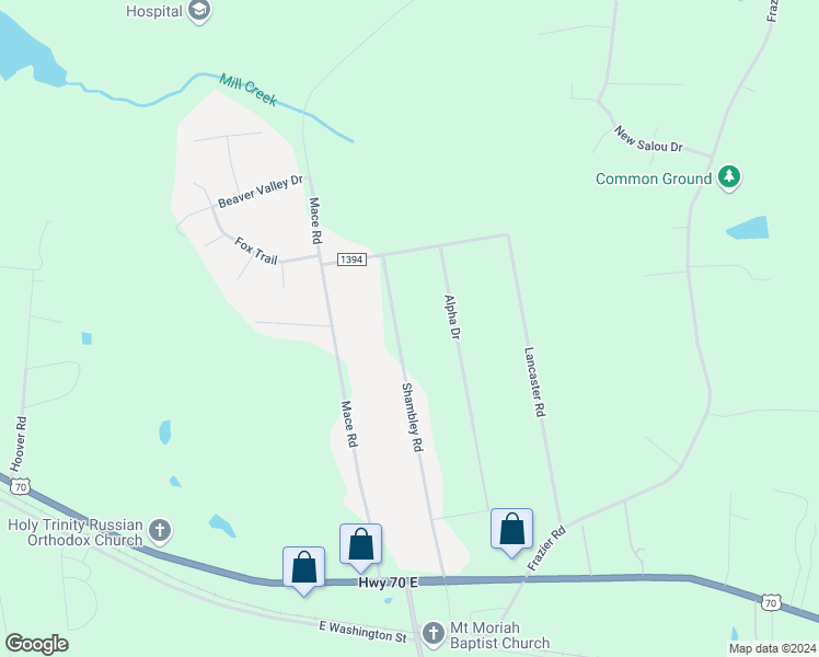 map of restaurants, bars, coffee shops, grocery stores, and more near 515 Shambley Road in Mebane