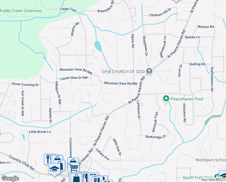 map of restaurants, bars, coffee shops, grocery stores, and more near 345 Stonebrook Lane in Winston-Salem