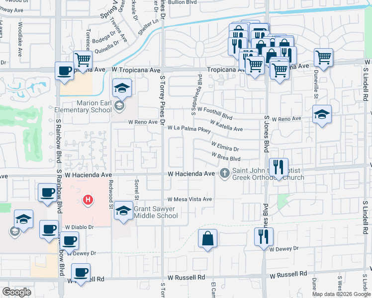 map of restaurants, bars, coffee shops, grocery stores, and more near 5173 South Sepulveda Boulevard in Las Vegas