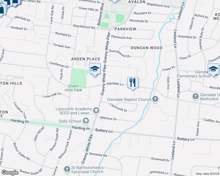 map of restaurants, bars, coffee shops, grocery stores, and more near 1141 Glendale Lane in Nashville