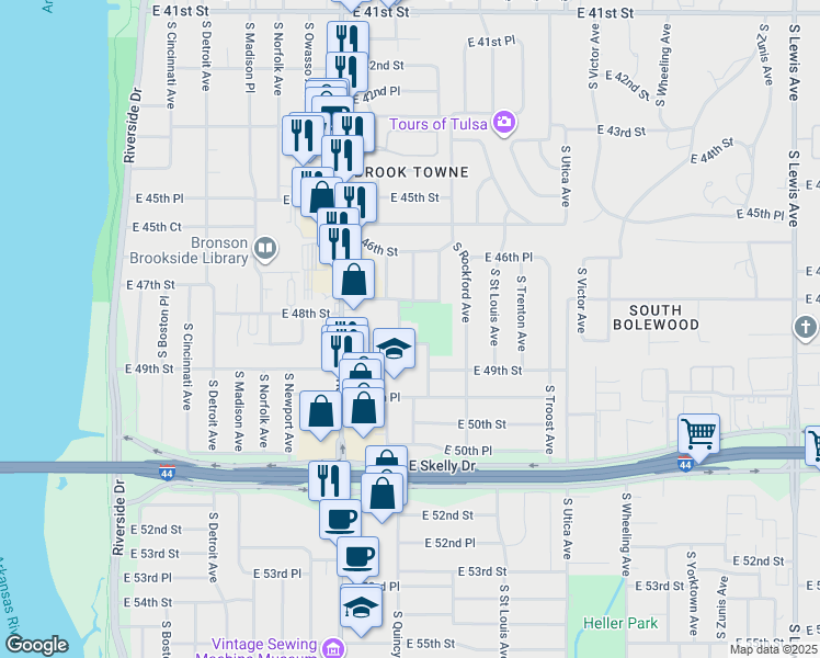 map of restaurants, bars, coffee shops, grocery stores, and more near 4825 South Quaker Avenue in Tulsa