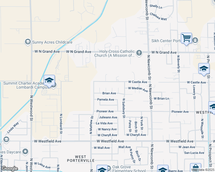 map of restaurants, bars, coffee shops, grocery stores, and more near 1891 West Castle Avenue in Porterville