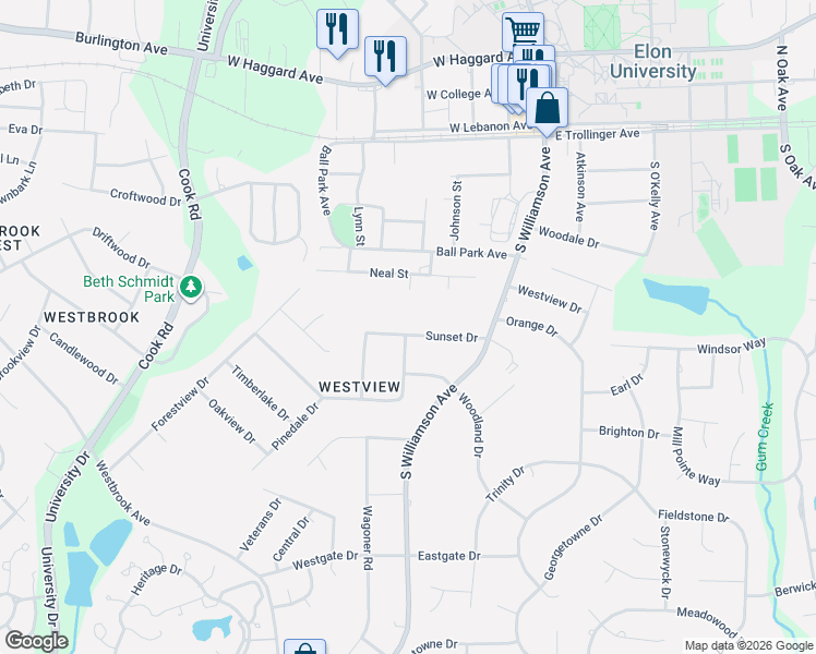 map of restaurants, bars, coffee shops, grocery stores, and more near 120 Sunset Drive in Elon