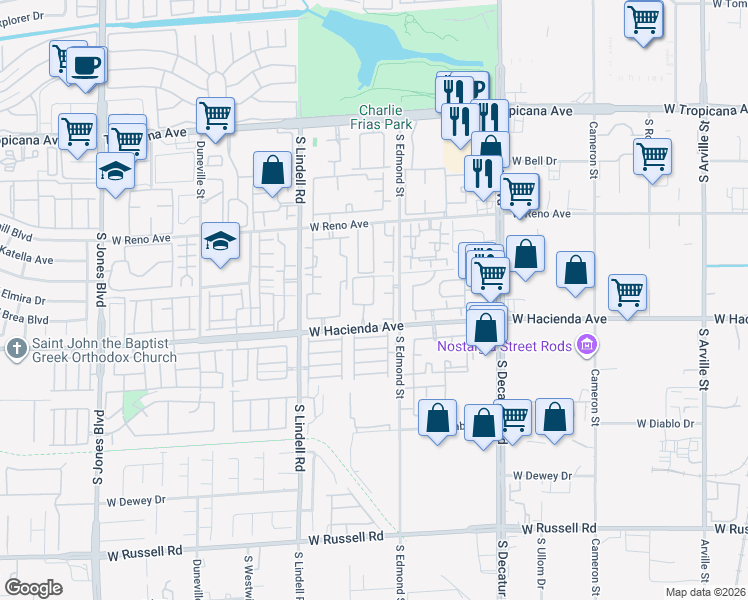 map of restaurants, bars, coffee shops, grocery stores, and more near 5280 West Hacienda Avenue in Las Vegas