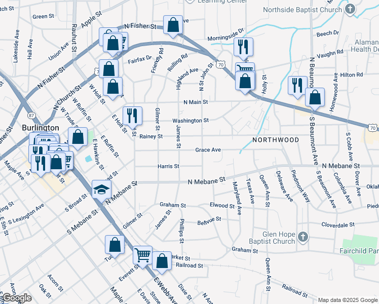 map of restaurants, bars, coffee shops, grocery stores, and more near 911 Grace Avenue in Burlington