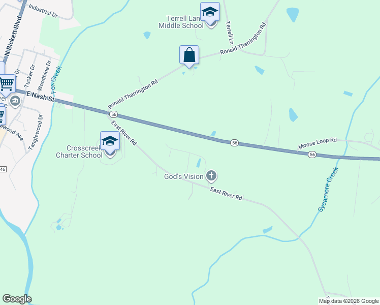 map of restaurants, bars, coffee shops, grocery stores, and more near 301 Tar River Avenue in Louisburg