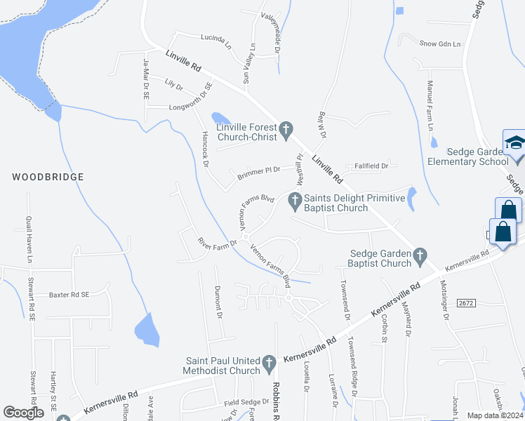 map of restaurants, bars, coffee shops, grocery stores, and more near 617 Cambridge Farm Court in Kernersville