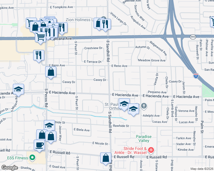 map of restaurants, bars, coffee shops, grocery stores, and more near 5231 South Sandhill Road in Las Vegas